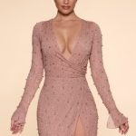 Embellished Wrap Over A-Line Mini Dress in Beige - Image 5