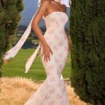 Scarf-Detail Strapless Gown in Large Rose Print
