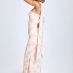 Scarf-Detail Strapless Gown in Large Rose Print - Image 4