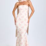 Scarf-Detail Strapless Gown in Large Rose Print - Image 5