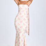 Scarf-Detail Strapless Gown in Large Rose Print - Image 6