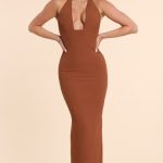 Woven Twill Halter Neck Plunge Maxi Dress in Chestnut Brown - Image 5