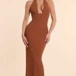 Woven Twill Halter Neck Plunge Maxi Dress in Chestnut Brown - Image 6