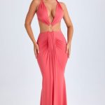 Hardware Detail Cut-Out Halterneck Maxi Dress in Coral