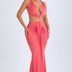 Hardware Detail Cut-Out Halterneck Maxi Dress in Coral - Image 4