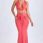 Hardware Detail Cut-Out Halterneck Maxi Dress in Coral - Image 7