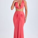 Hardware Detail Cut-Out Halterneck Maxi Dress in Coral - Image 8