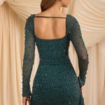 Embellished Cowl-Neck Draped Mini Dress in Emerald Green - Image 4