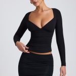 Tencel? Modal Ruched Long-Sleeve Top in Black