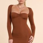 Long Sleeve Ruched Modal Cashmere Blend Mini Dress in Chestnut Brown