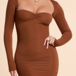 Long Sleeve Ruched Modal Cashmere Blend Mini Dress in Chestnut Brown - Image 6