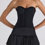 Ruched Lace-Up Strapless Corset Top in Black - Image 4