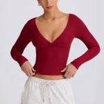 Ribbed Modal Ruched V-Neck Top in Burgundy - Image 6