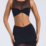Sheer Panelled Ruched Crop Top in Black - Image 4