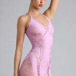 Embellished Halterneck Mini Dress in Violet Pink