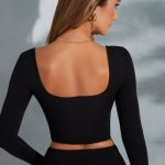 Rounded Square Neck Long Sleeve Top in Black - Image 2