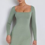 Modal Square Neck Long Sleeve Mini Dress in Sage Green
