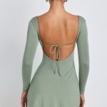 Modal Square Neck Long Sleeve Mini Dress in Sage Green - Image 2