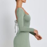 Modal Square Neck Long Sleeve Mini Dress in Sage Green - Image 3