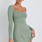 Modal Square Neck Long Sleeve Mini Dress in Sage Green - Image 4