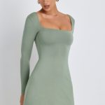 Modal Square Neck Long Sleeve Mini Dress in Sage Green - Image 5