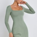Modal Square Neck Long Sleeve Mini Dress in Sage Green - Image 6