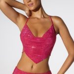 Embellished Cowl Neck Open Back Crop Top in Hot Pink