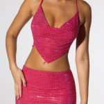 Embellished Cowl Neck Open Back Crop Top in Hot Pink - Image 4