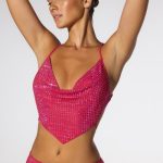 Embellished Cowl Neck Open Back Crop Top in Hot Pink - Image 7