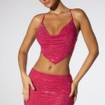 Embellished Cowl Neck Open Back Crop Top in Hot Pink - Image 10