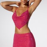 Embellished Cowl Neck Open Back Crop Top in Hot Pink - Image 11