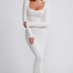 Ribbed Modal Long Sleeve Maxi Dress in White