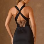 Halterneck Lace-Up A-Line Mini Dress in Black - Image 3