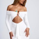 Hardware Detail Off-Shoulder Cut-Out Mini Dress in White - Image 6