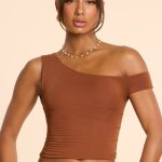 Asymmetric Neck Ruched Modal Cashmere Blend Top in Chestnut Brown