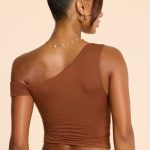 Asymmetric Neck Ruched Modal Cashmere Blend Top in Chestnut Brown - Image 2