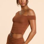 Asymmetric Neck Ruched Modal Cashmere Blend Top in Chestnut Brown - Image 3