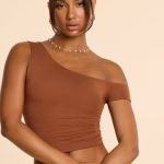 Asymmetric Neck Ruched Modal Cashmere Blend Top in Chestnut Brown - Image 4