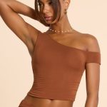 Asymmetric Neck Ruched Modal Cashmere Blend Top in Chestnut Brown - Image 5