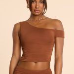 Asymmetric Neck Ruched Modal Cashmere Blend Top in Chestnut Brown - Image 6
