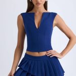 Layered Pleated Low-Rise Mini Skirt in True Navy - Image 2