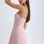Strapless Structured Tulip Mini Dress in Pink Mauve - Image 4