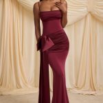 Bow-Detail Ruched Maxi Dress in Wine Red - Image 4