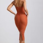 Ruched Hardware Detail Strapless Midaxi Dress in Burnt Orange - Image 2