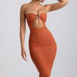 Ruched Hardware Detail Strapless Midaxi Dress in Burnt Orange - Image 6