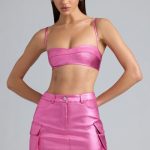 Metallic Denim Mid-Rise Cargo Skirt in Deep Pink - Image 6
