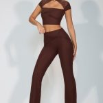 Mesh Mid Rise Twist Overlay Flare Trousers in Espresso