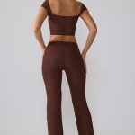 Mesh Mid Rise Twist Overlay Flare Trousers in Espresso - Image 2