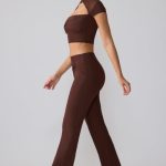 Mesh Mid Rise Twist Overlay Flare Trousers in Espresso - Image 3