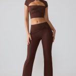Mesh Mid Rise Twist Overlay Flare Trousers in Espresso - Image 4